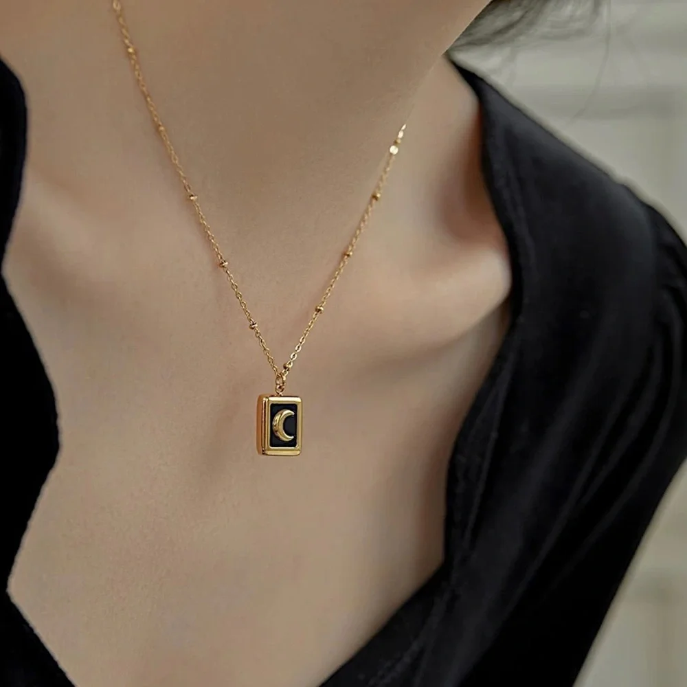 Black pendant necklace, gold moon pendant necklace, celestial moon necklace